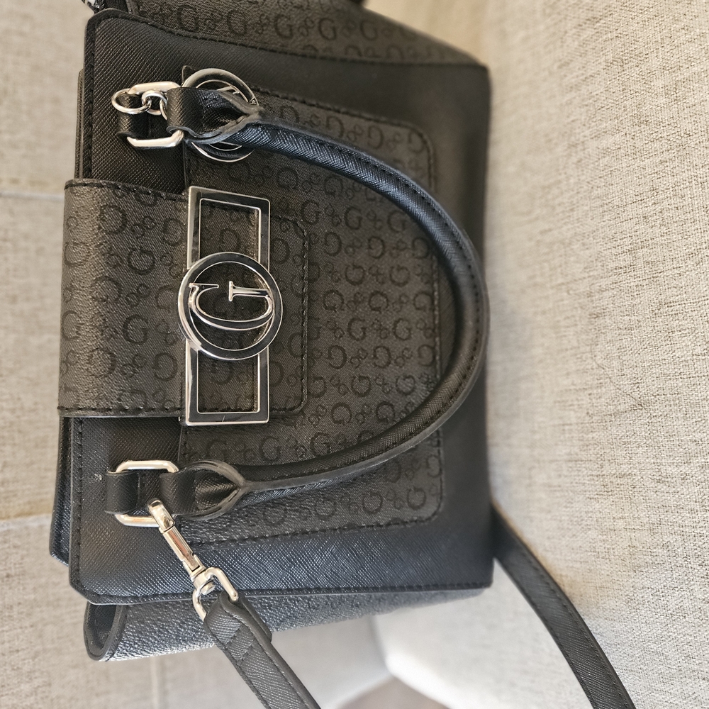Guess Black Satchel with Signature Monogram and Silver Accents